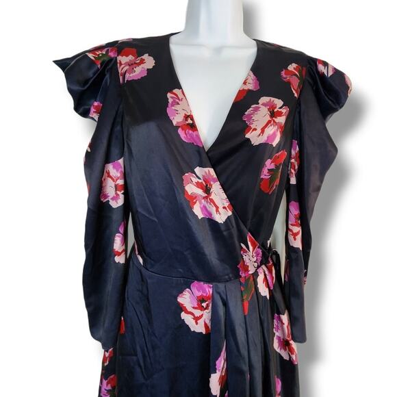 Joie Miltona Navy Floral Satin Wrap Midi Dress – Small - Picture 5 of 10